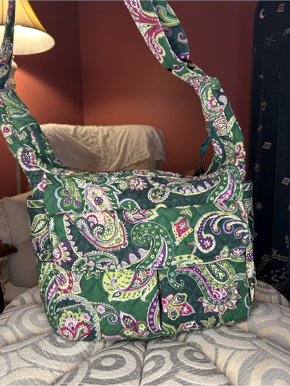Vera Bradley Chelsea Green Paisley Quilted Carry All cross body Bag